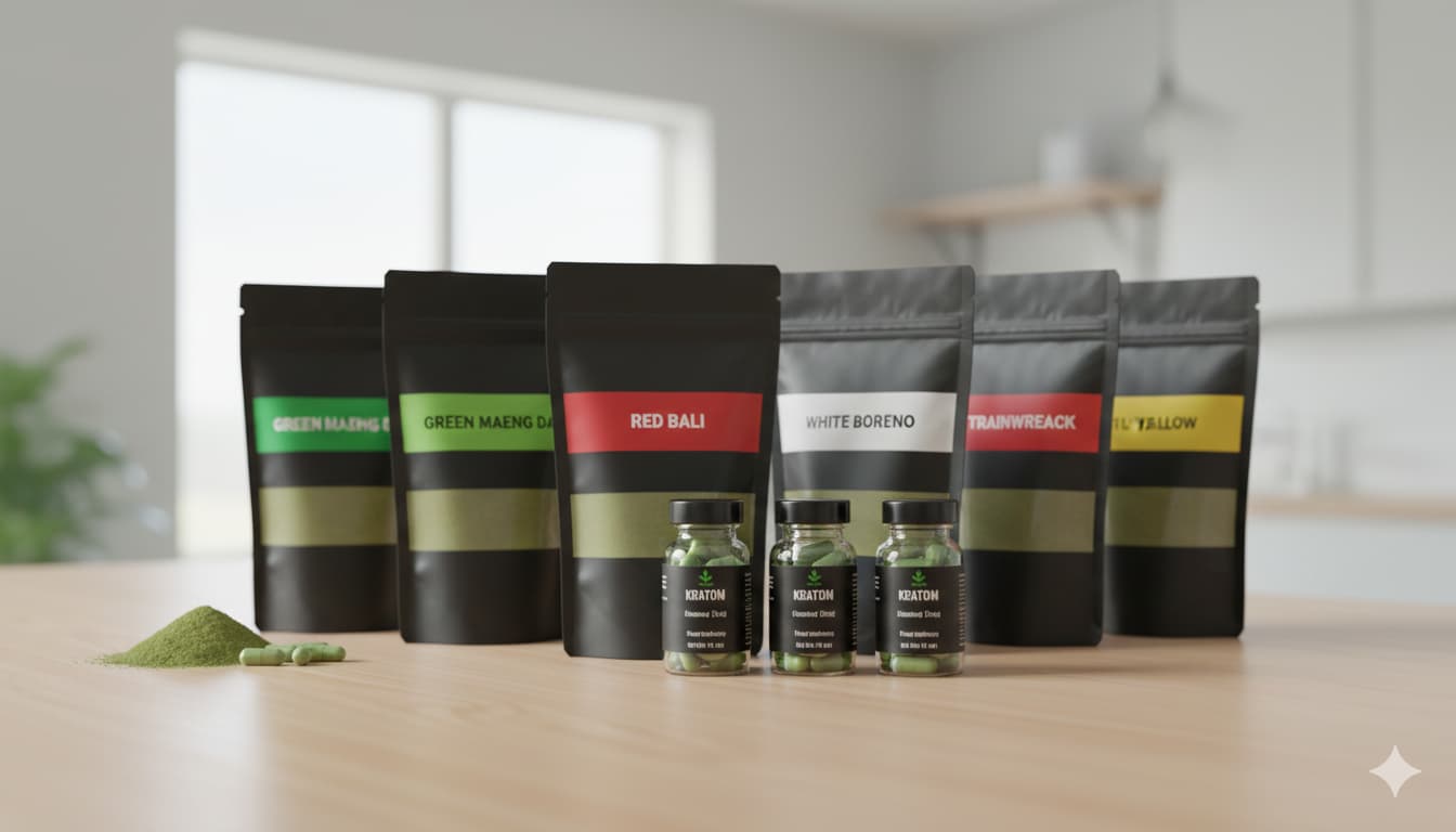 Nova Kratom product lineup featuring powder bags and capsule bottles in various strain varieties